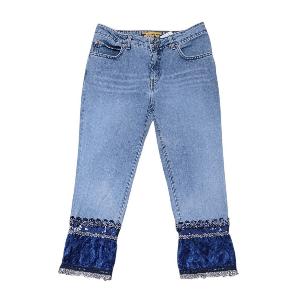 Vintage 90s JNCO 'Girlie Stuff' Light Wash 'Flood' Jeans Blue Velvet Lace Trim 9